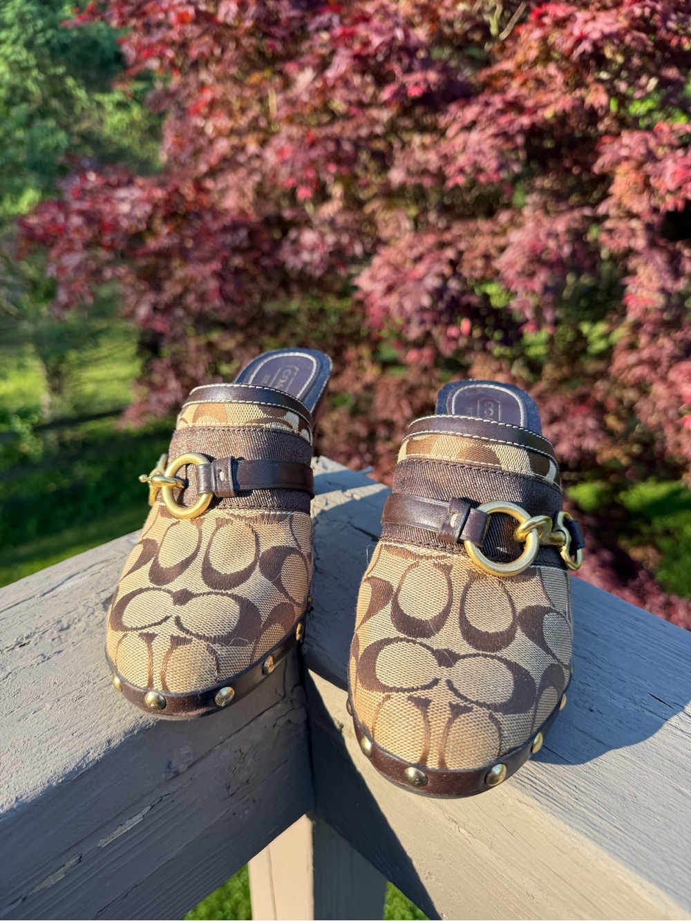 Coach Brown Signature Canvas Slip-On Clogs with Gold Horsebit